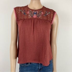 Cape Juby Dusty Pom Pom Trim Embroidered Crochet Tank